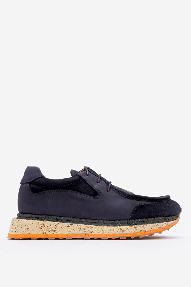 Men's Thick Sole Lace-Up Comfort Casual Shoes Real Leather Mc 20418 Dark Blue