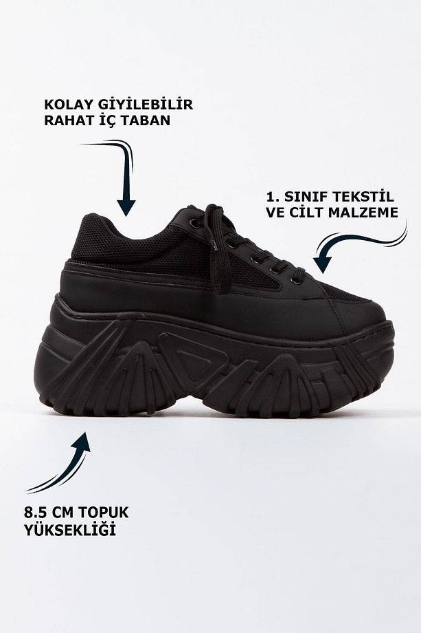 Siyah Bağcıklı Yüksek Taban Cilt Günlük Kadın Fileli Sneaker Spor Ayakkabı - 2