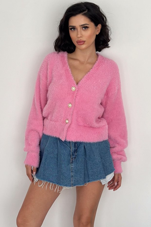 Women's Pink V-Neck Standard Size Buttoned Knitwear Cardigan