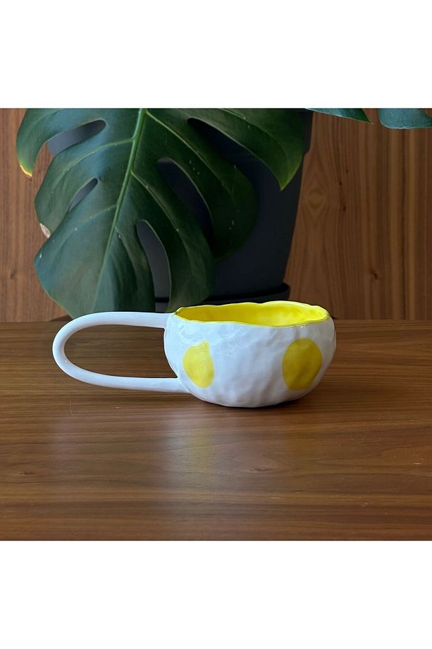 Stoneware Seramik El Yapımı Limon Desenli Sarı Fincan - 1