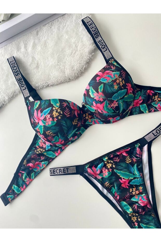 Printed Padded Micro Fabric Stone Bra Set - 3