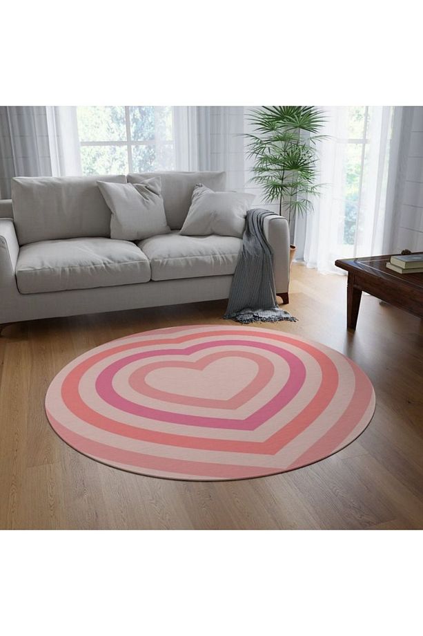 Pembe Kalpli Dijital Baskı Makinede Yıkanabilir Kaymaz Taban Yuvarlak Mutfak, Salon, Genç Halısı - 2