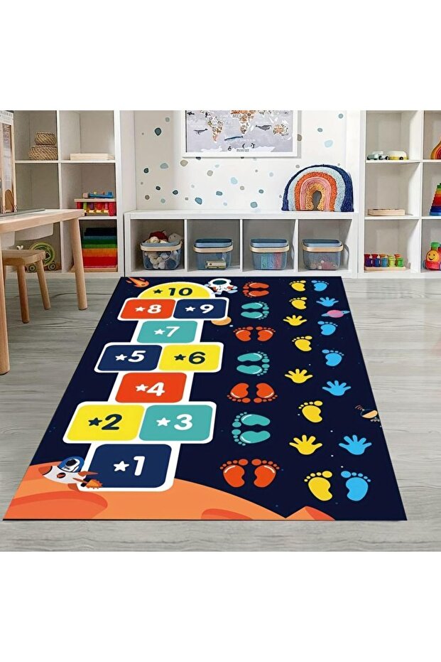 Educational Hopscotch Patterned Non-Slip Base, Machine Washable, Antiallergic, Children'S, Baby Room Carpet