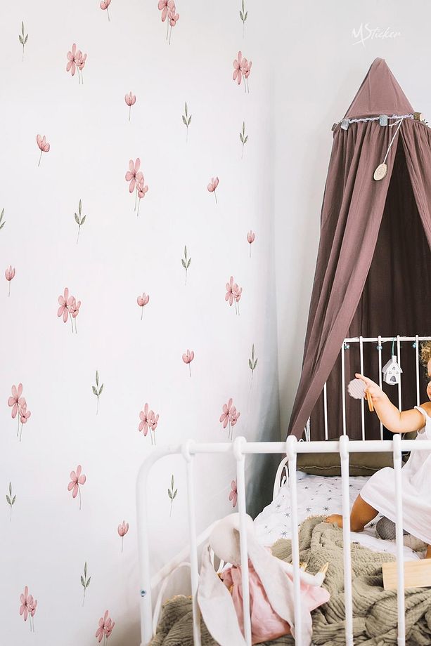 Pembe Çayır ve Kır Çiçekleri Yapraklar Sticker Seti, Çocuk Bebek Odası Çiçek Sticker Seti - 4