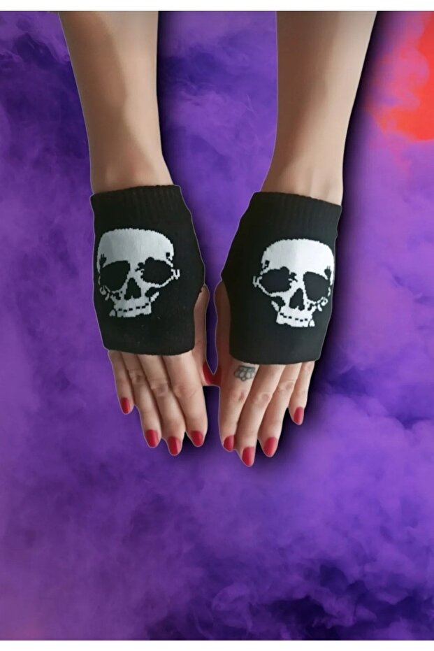 قفازات بدون أصابع بنمط جمجمة - 1
