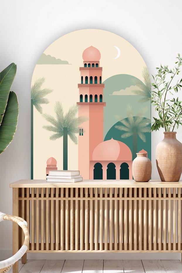 Vintage Watercolor Mosque Picture Sticker Created with Artistic Drawing, Custom Drawing Mosque Themed Sticker