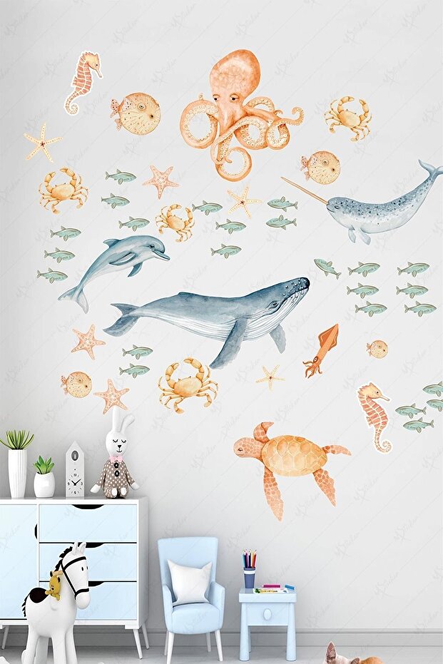 Sea Animals Educational And Fun Glass Wall Cabinet Sticker Set 47 Pieces