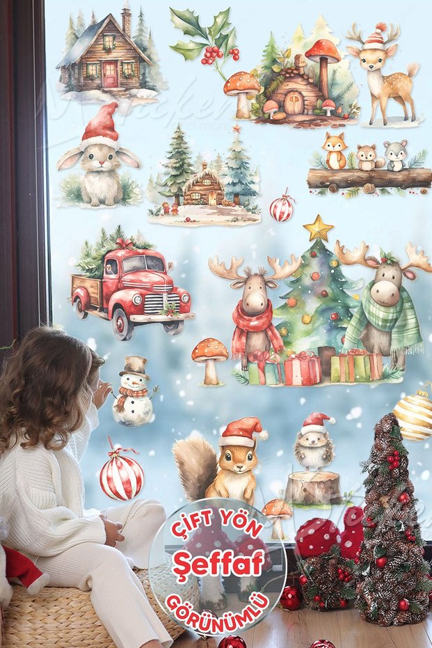 Cute Animals in the Forest Winter Joy, New Year Christmas Decoration Sticker Set, TRANSPARENT COUPLE SEES DIRECTIONAL
