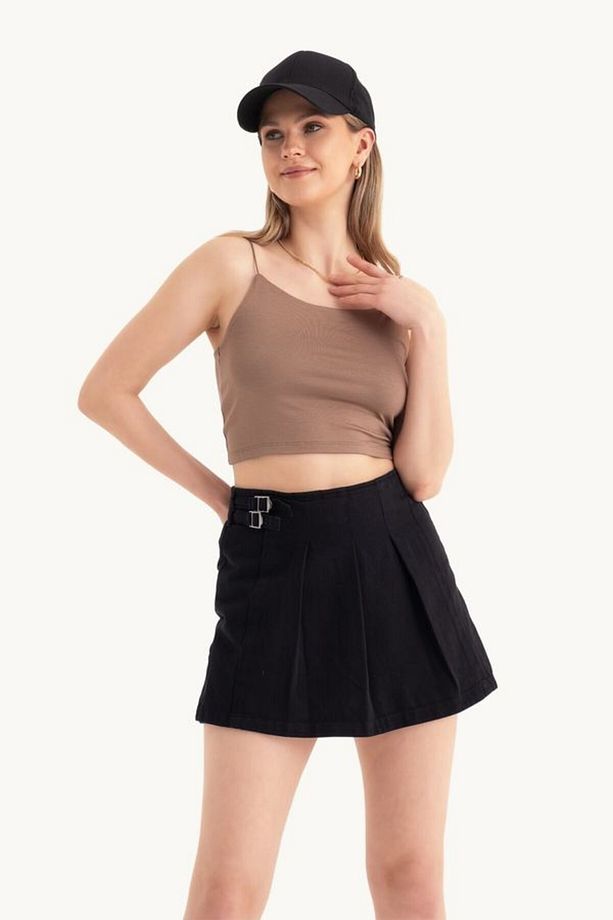Yüksek Bel Çift Kemerli Mini Şort - 3