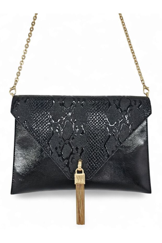 Black Patent Leather Snake Pattern Printed Chain Strap Women's Portfolio & Clutch Bag (29 X 19 cm)