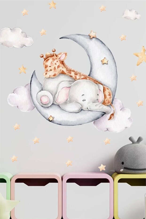 Giraffe and Elephant Sleeping on the Moon, Star and Cloudy Sticker Set Children's Baby Room Sticker