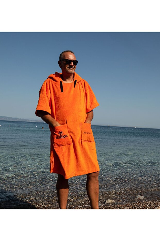 Turuncu Cepli Kapşonlu Havlu Panço - 1