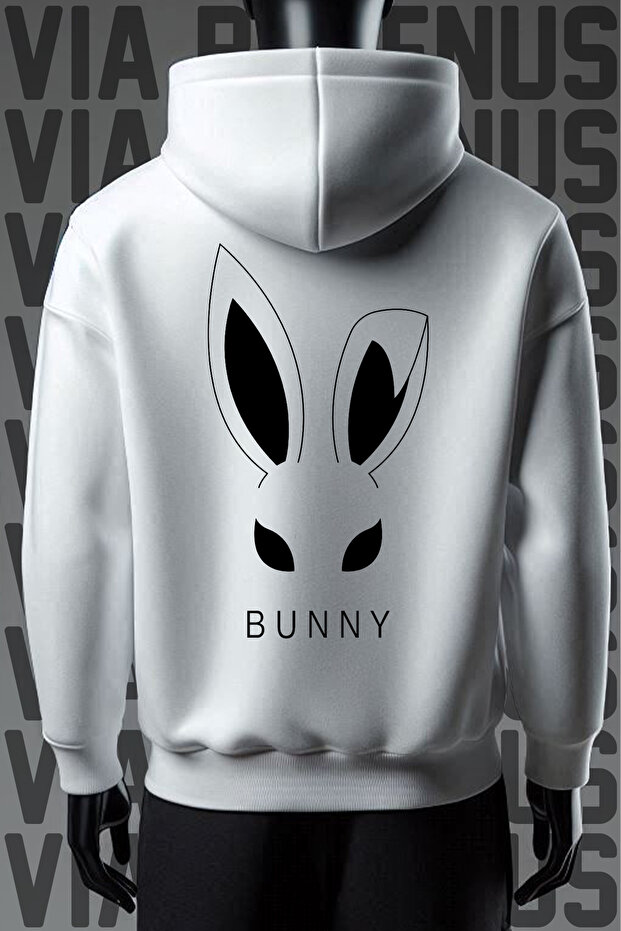 Bunny Front and Back Printed 3 Thread Wide Pattern White Hooded Sweatshirt