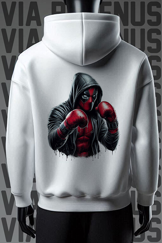 Boxing Front and Back Printed 3 Thread Wide Fit White Hooded Sweatshirt