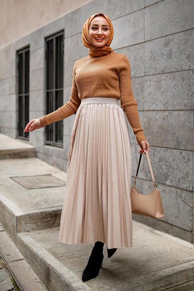 Beli Lastikli Pliseli Etek -bej - 1