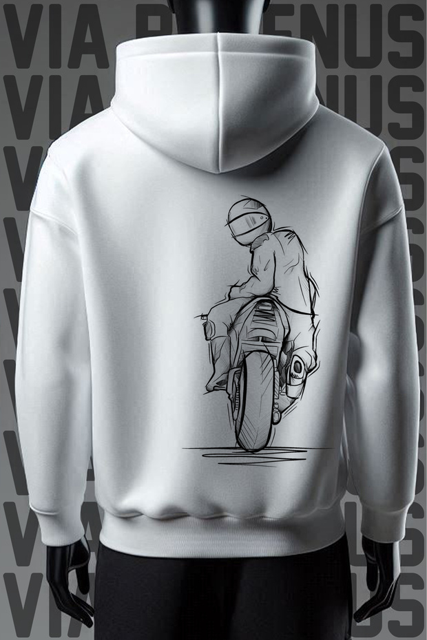 Biker Front and Back Printed 3 Thread Wide Pattern White Hooded Sweatshirt
