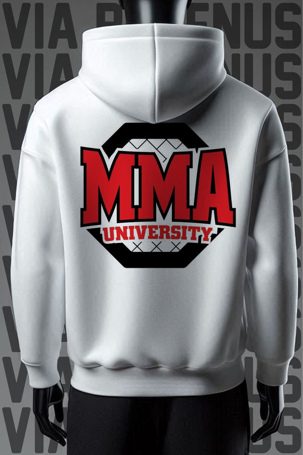 سويت شيرت أبيض بقلنسوة من MMA University مطبوع من الأمام والخلف بثلاثة خيوط واسعة