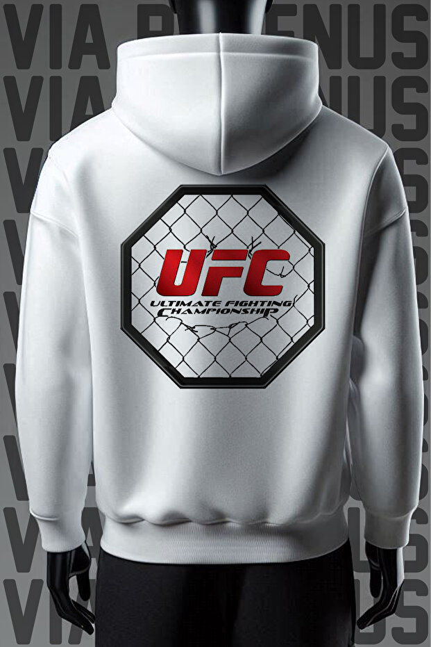 Ufc Cage Front and Back Printed 3 Thread Wide Pattern White Hooded Sweatshirt