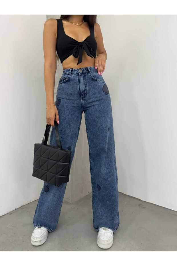 Kn Heart Embroidered Women's Boyfriend Wide Leg Jeans