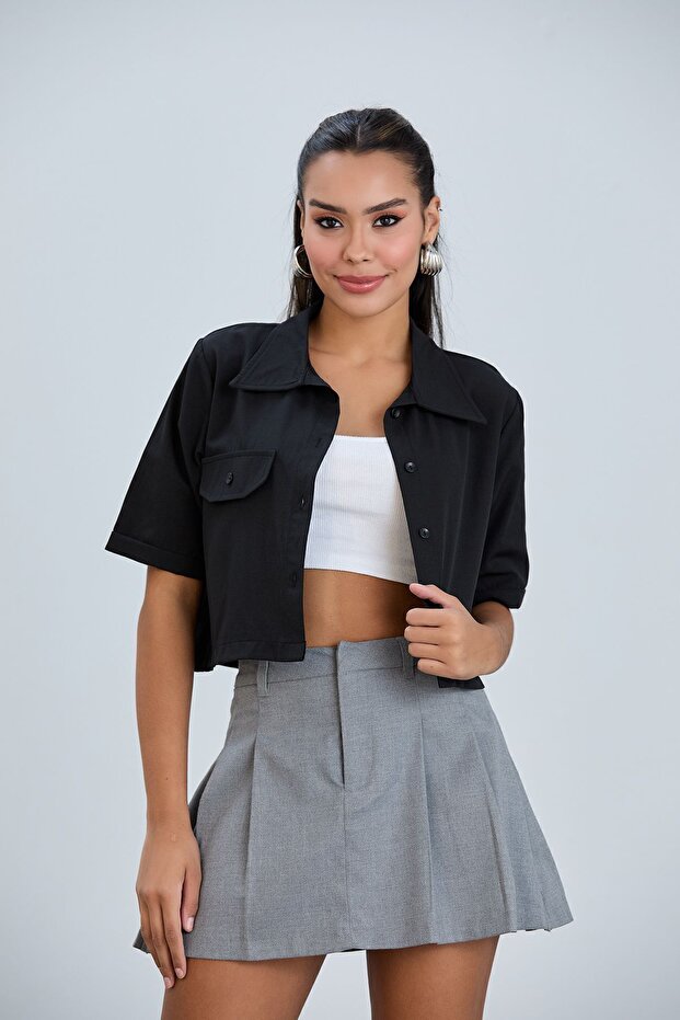 Women's Black Crop Terikoton Fabric Buttoned Covered Shirt