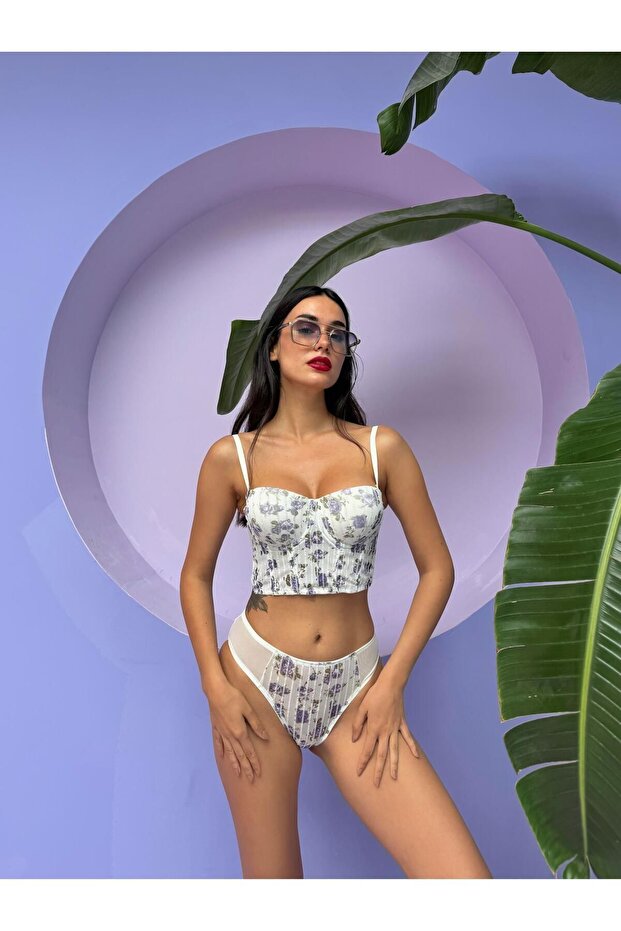 Silvery Floral Patterned Supported Ecru Bustier Set (682t)