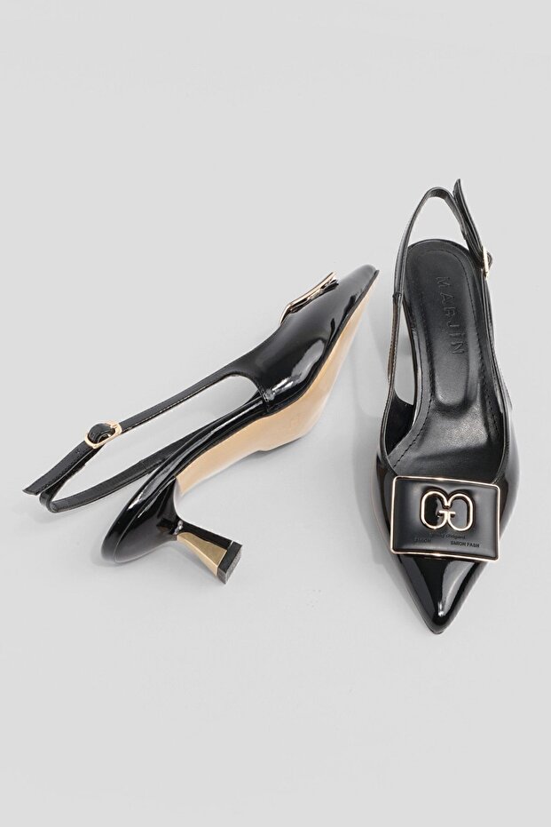 Damen-Schuhe mit spitzer Zehenpartie, Schnalle und offenem Rücken, klassische Schuhe mit Absatz, Elka, schwarzes Lackleder - 5