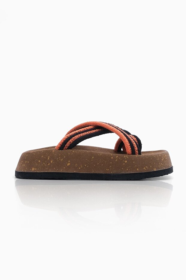 Damen Flip Flops mit Korksohle und gemustertem Baumwollseil, mit Kreuzband, Alltags-Hausschuhe, Meyse Orange - 2