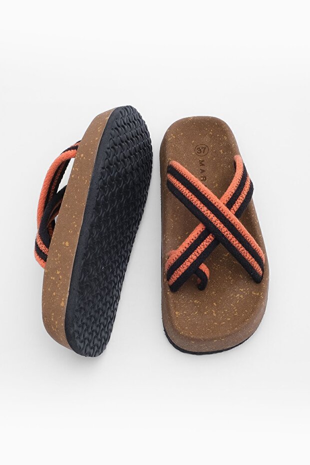 Damen Flip Flops mit Korksohle und gemustertem Baumwollseil, mit Kreuzband, Alltags-Hausschuhe, Meyse Orange - 5
