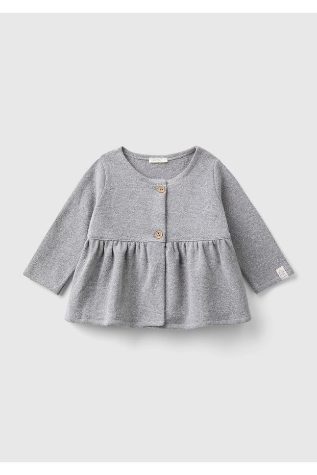 Baby Gray Melange Long Sleeve Sweatshirt with Buttons on the Front and Ruffles at the Hem