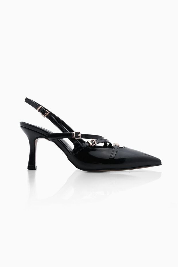 Damen Stilettos mit spitzer Spitze, dreireihigem Gürteldetail, offener Rückseite und Absatz, Bevil, schwarzes Lackleder - 3