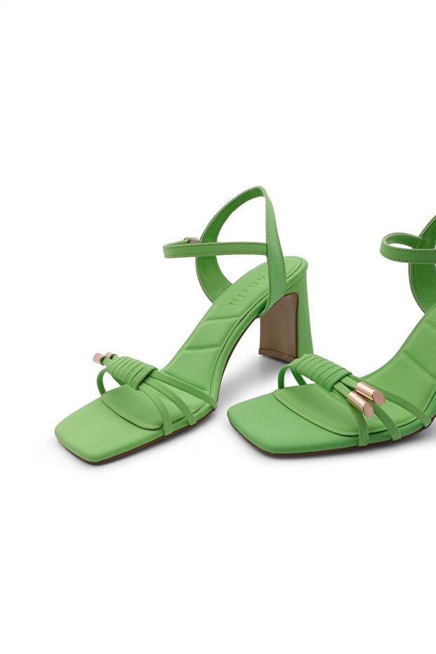 Buty damskie na obcasie, pasek na kostkę, tępe palce, sandały na grubym obcasie, zielone - 2