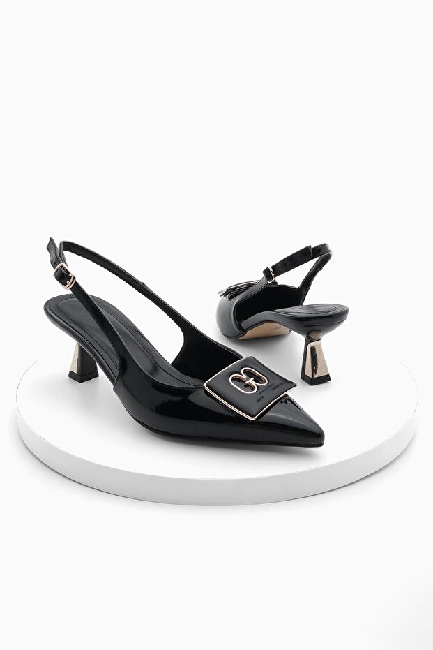 Damen-Schuhe mit spitzer Zehenpartie, Schnalle und offenem Rücken, klassische Schuhe mit Absatz, Elka, schwarzes Lackleder - 7