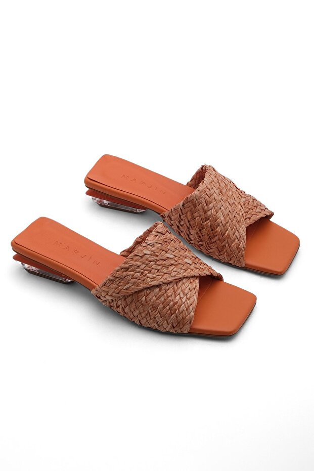 Transparente Damen-Slipper mit Absatz aus Strohstrick Tarus orange - 6