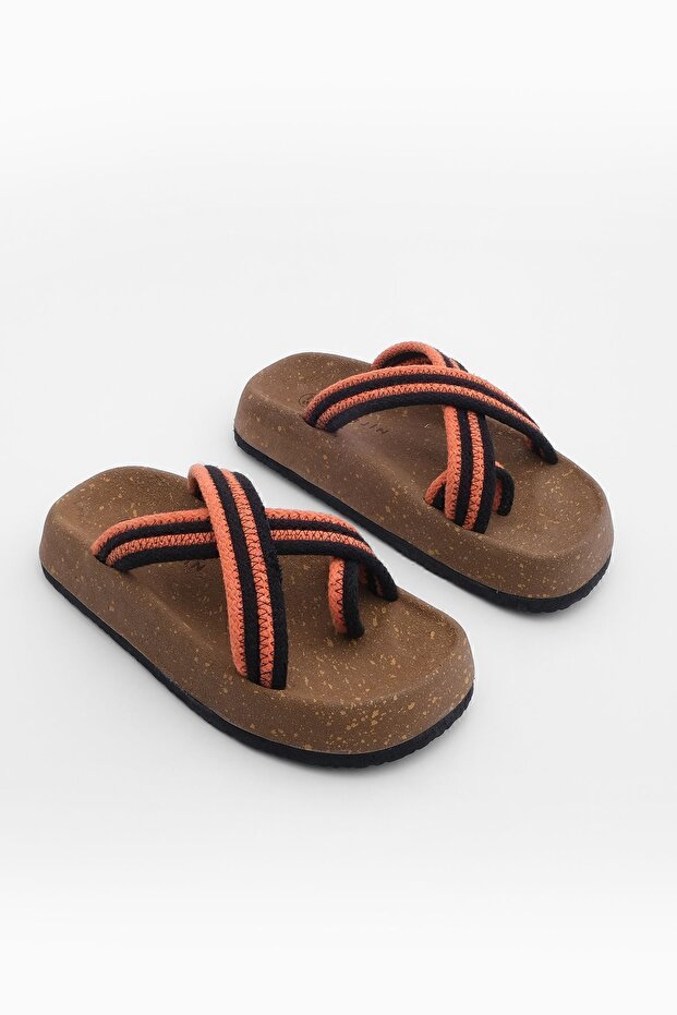 Damen Flip Flops mit Korksohle und gemustertem Baumwollseil, mit Kreuzband, Alltags-Hausschuhe, Meyse Orange - 3