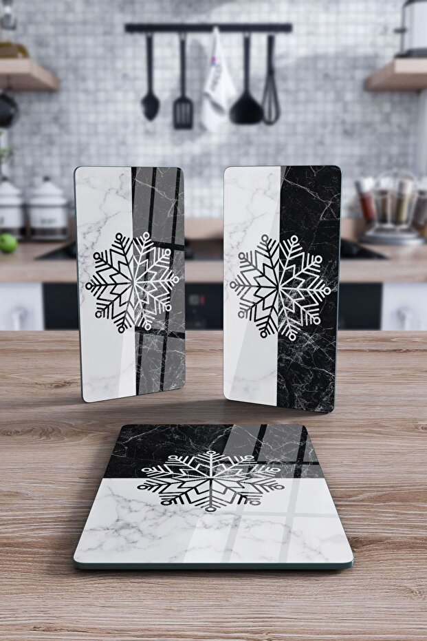 Rectangular Set of 3 - Glass Presentation Serving Plate, Black and White Marble Snowflake Pattern - 1