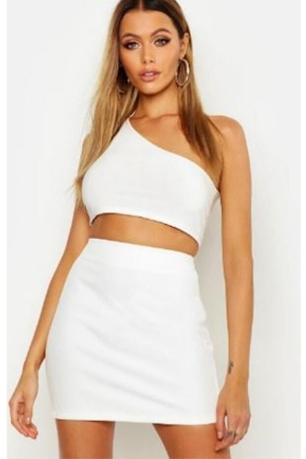 White Elastic Waist Skinny Mini Skirt