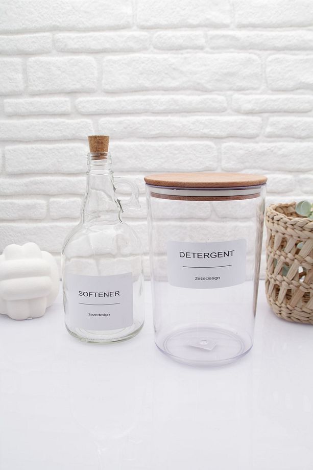 Ahşap Kapaklı Toz Deterjan Kavanozu / Kutusu 2300ml Ve Yumuşatıcı Şişesi Mantar Kapak 1000ml - 1