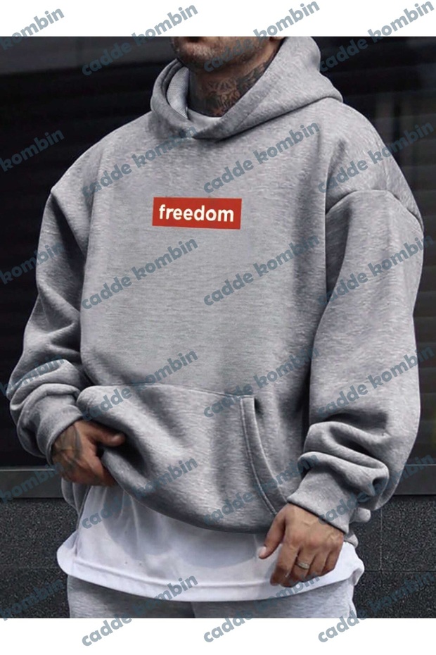 سويت شيرت Freedom كبير الحجم - رمادي مطبوع، شتوي سميك