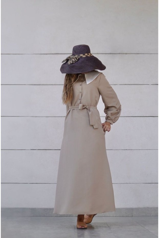 Vintage Pocketed Buttoned Beige Fairytale Dress with Collar Detail