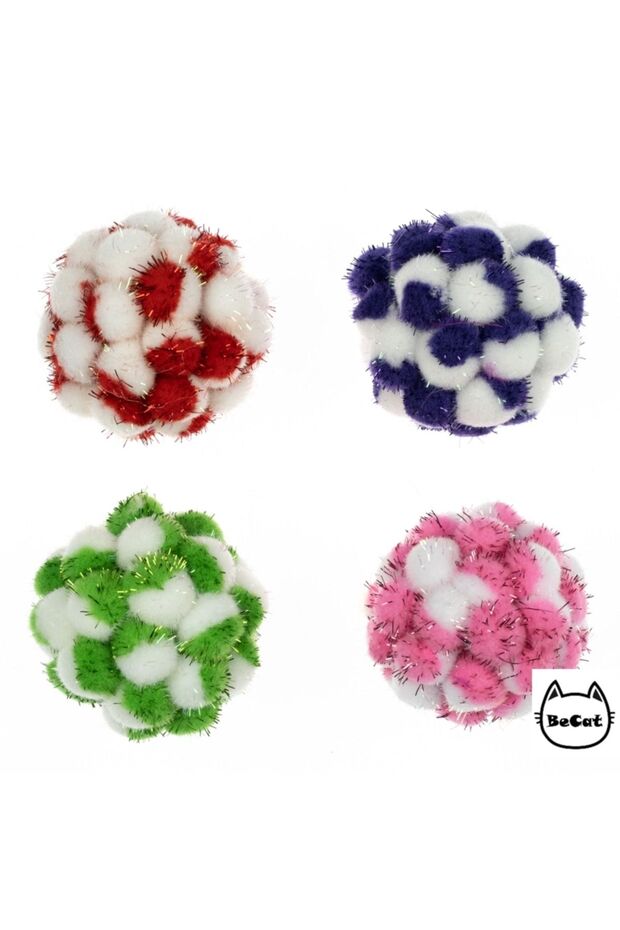 Colorful Glittery Pompom Sound Cat Play Ball - Pack of 4