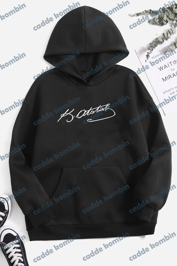 Atatürk Signature Printed Unisex Black Hoodie