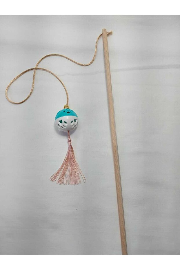 Cat Fishing Rod, Rattle, Plastic, Colorful, Cat Patterned, Tasseled, Wooden Handle, Toy