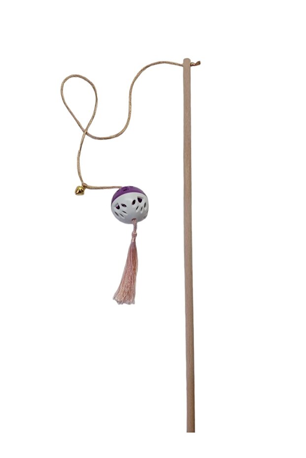Cat Fishing Rod, Rattle, Plastic, Colorful, Cat Patterned, Tasseled, Wooden Handle, Toy