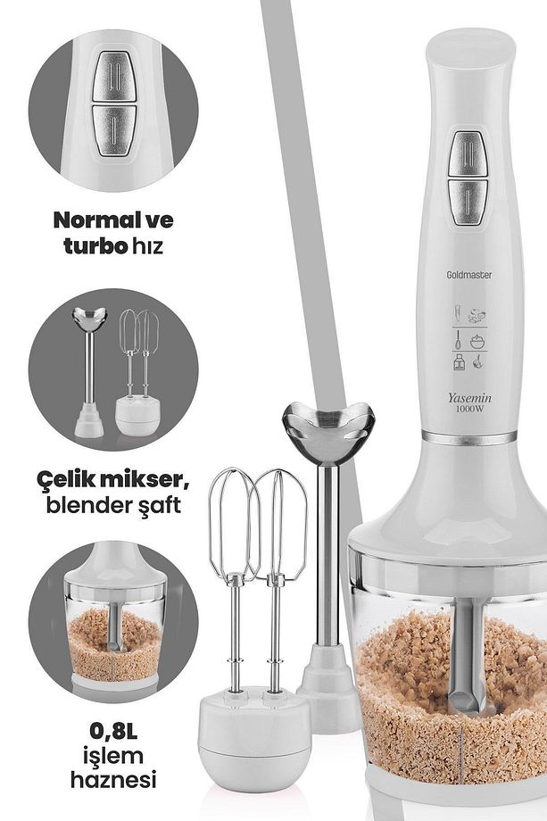 Yasemin 1000 Watt Sessiz Hız Ayarlı 3 In 1 Doğrama Karıştırma Blender Seti Beyaz - 1