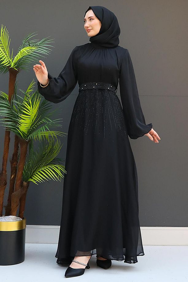 Taşlı Janjan Elbise Siyah - 3