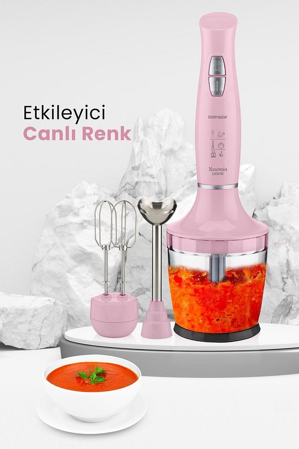 Yasemin 1000 Watt Sessiz Hız Ayarlı 3 In 1 Doğrama Karıştırma Blender Seti Pembe - 5