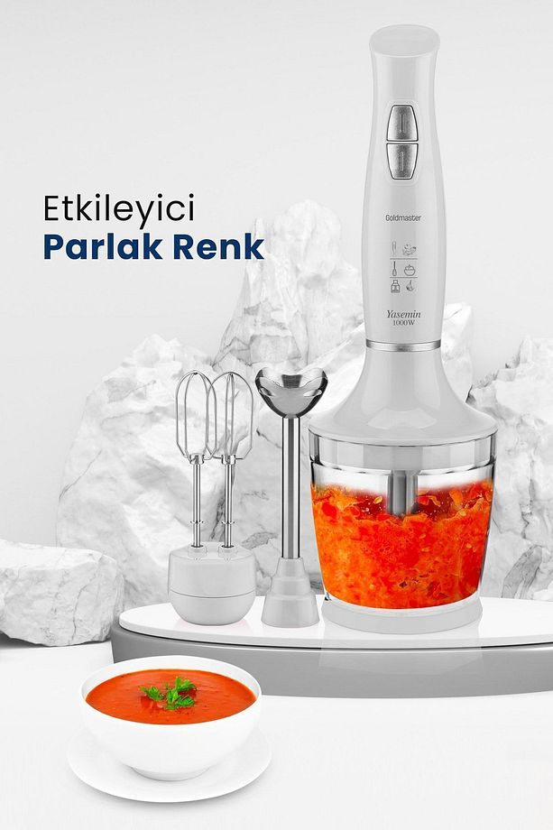 Yasemin 1000 Watt Sessiz Hız Ayarlı 3 In 1 Doğrama Karıştırma Blender Seti Beyaz - 5