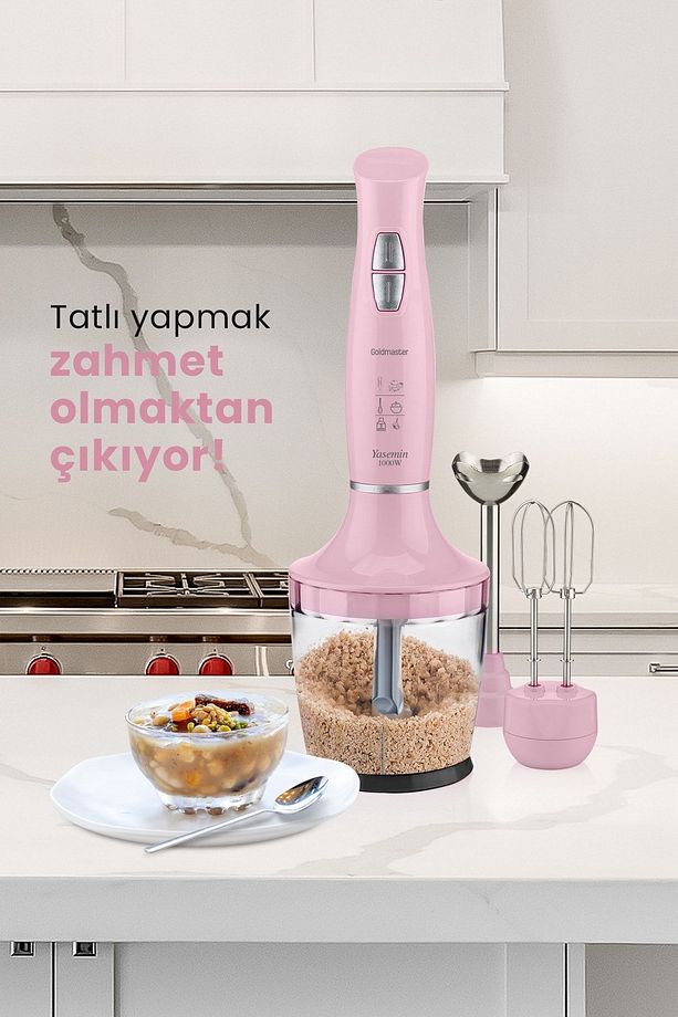 Yasemin 1000 Watt Sessiz Hız Ayarlı 3 In 1 Doğrama Karıştırma Blender Seti Pembe - 6