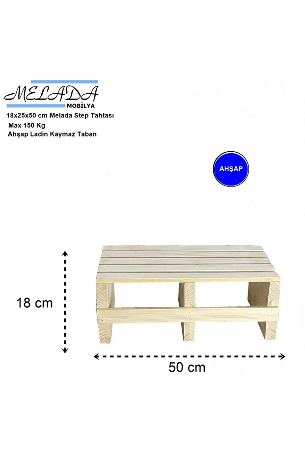 Melada Mobilya 18 Cm Yükseklikte Doğal Ahşaptan Ev içi Kullanıma Uygun Kaymaz Tabanlı Step Tahtası 25 Cm X 50 Cm
