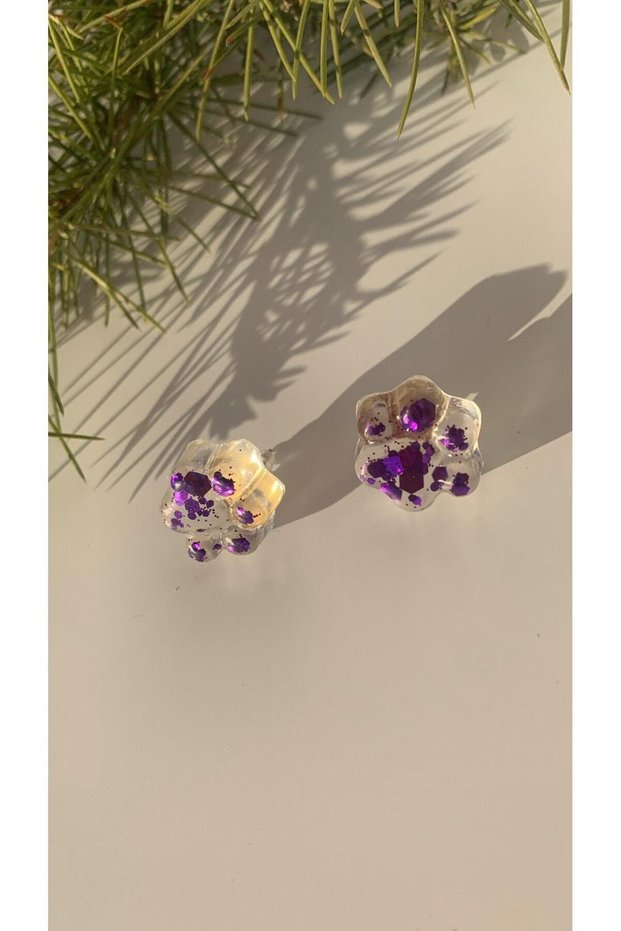Purple Color Glitter in Transparent Epoxy Cat Dog Paw Shaped Earrings Handmade with Silver Accessories